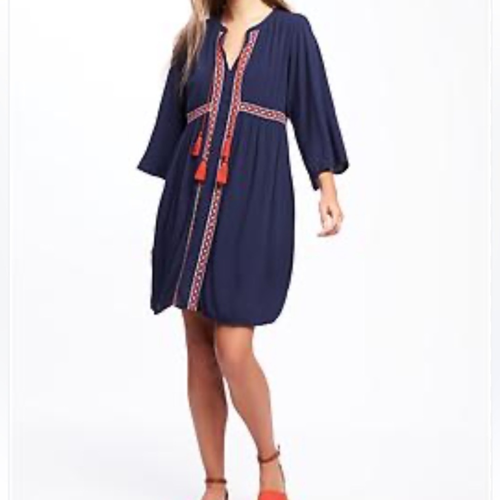 [S]Old Navy Navy Blue Boho Mini Dress with Red Accents Tassels